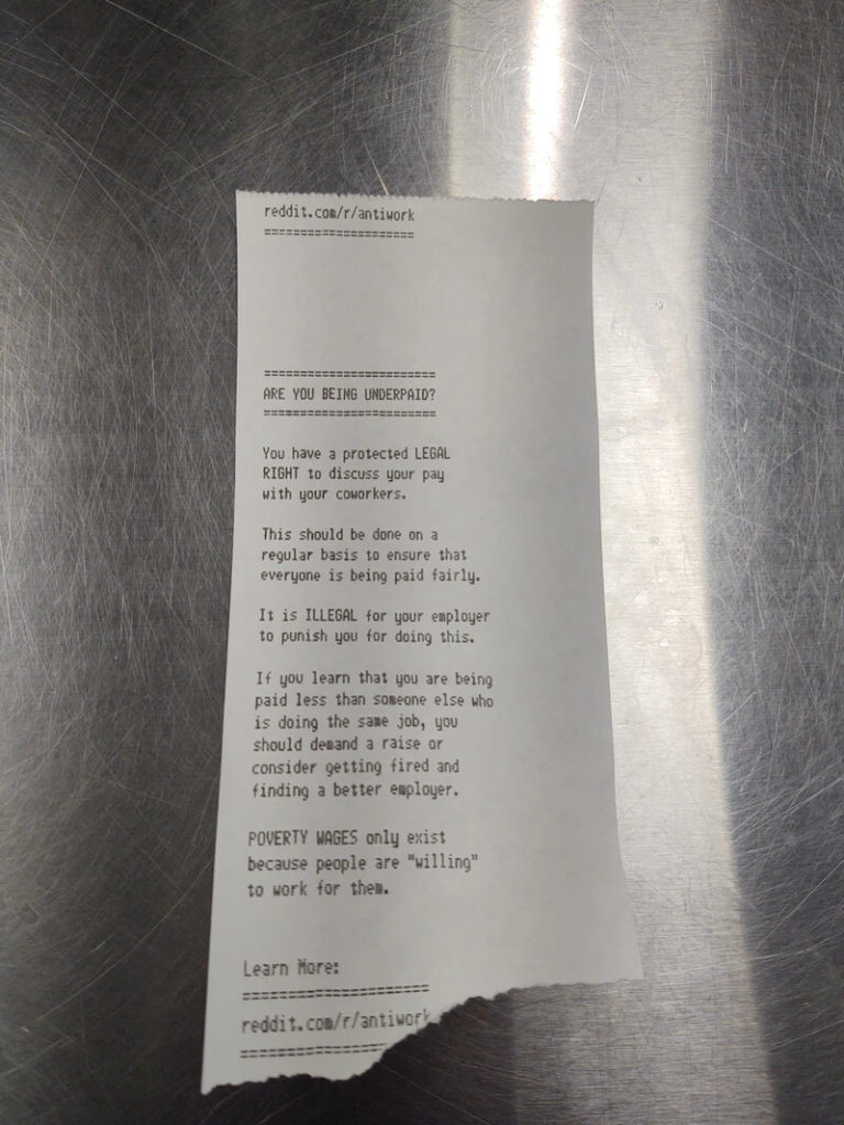 receipt with the anti work manifesto on it